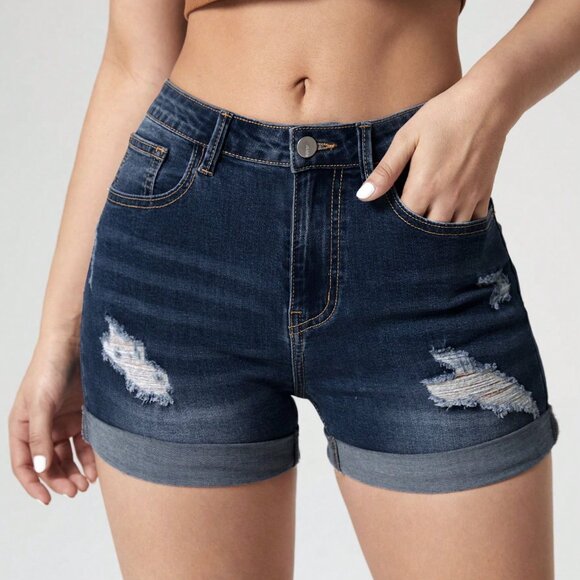 Denim Shorts, Distressed Rolled Hem Slim Fit Summer Shorts, Straight Leg Shorts - Picture 1 of 6